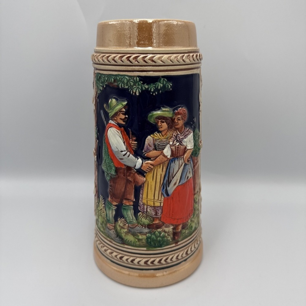 Gerz Beer Stein 24 oz Blue Traditional Relief Scene W. Germany Vintage